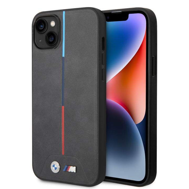 BMW iPhone 14 Plus & 15 Plus Backcover hoesje - M Collection - Quilted - Tricolor Stripe - Grijs-Hoesjes-Ilumina Benelux