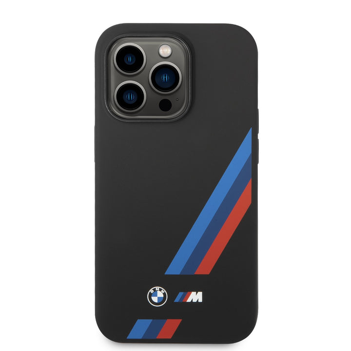 BMW iPhone 14 Plus & 15 Plus Backcover hoesje - M Collection - Slanted Tricolor Stripes - Zwart-Hoesjes-Ilumina Benelux