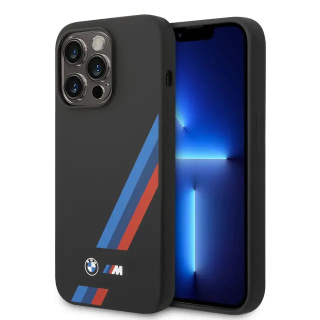BMW iPhone 14 Plus & 15 Plus Backcover hoesje - M Collection - Slanted Tricolor Stripes - Zwart-Hoesjes-Ilumina Benelux