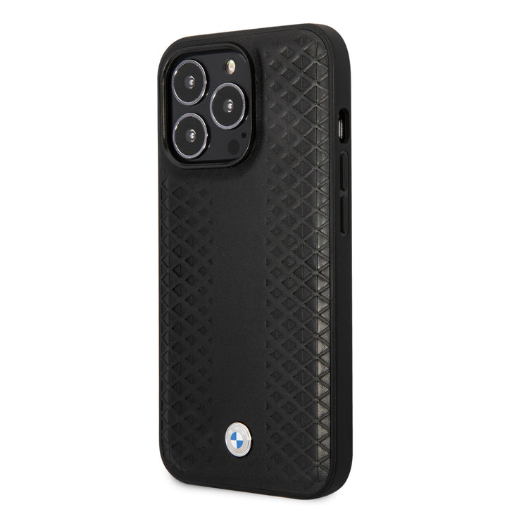 BMW iPhone 14 Pro Back Cover hoesje - Red Leather Signature - Diamond Hot Stamp Pattern - Zwart-Hoesjes-Ilumina Benelux