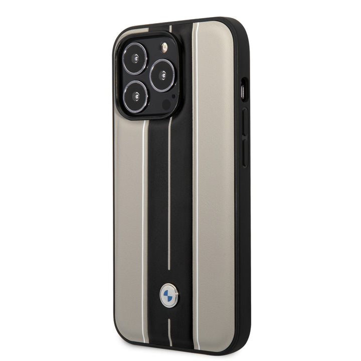 BMW iPhone 14 Pro Backcover hoesje - Leather Signature - Hot Stamp Lines - Beige-Hoesjes-Ilumina Benelux