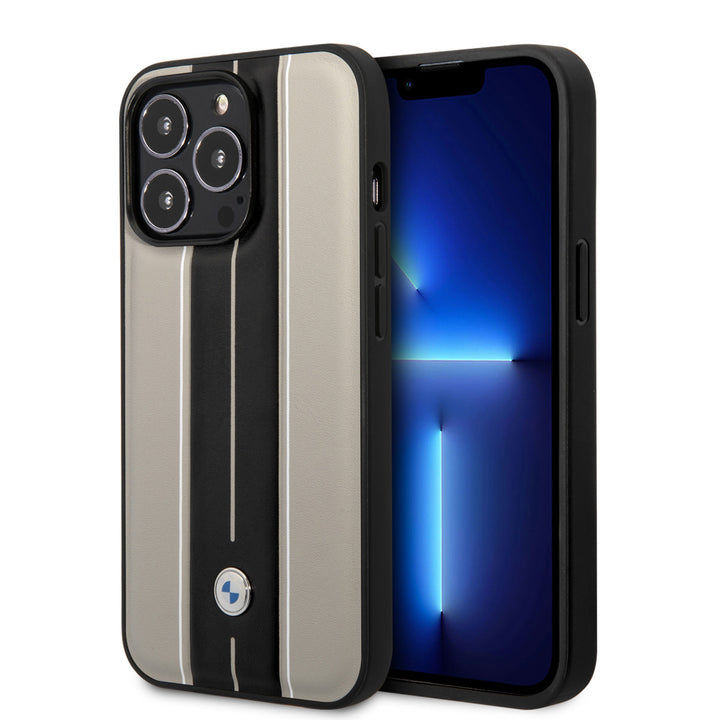 BMW iPhone 14 Pro Backcover hoesje - Leather Signature - Hot Stamp Lines - Beige-Hoesjes-Ilumina Benelux