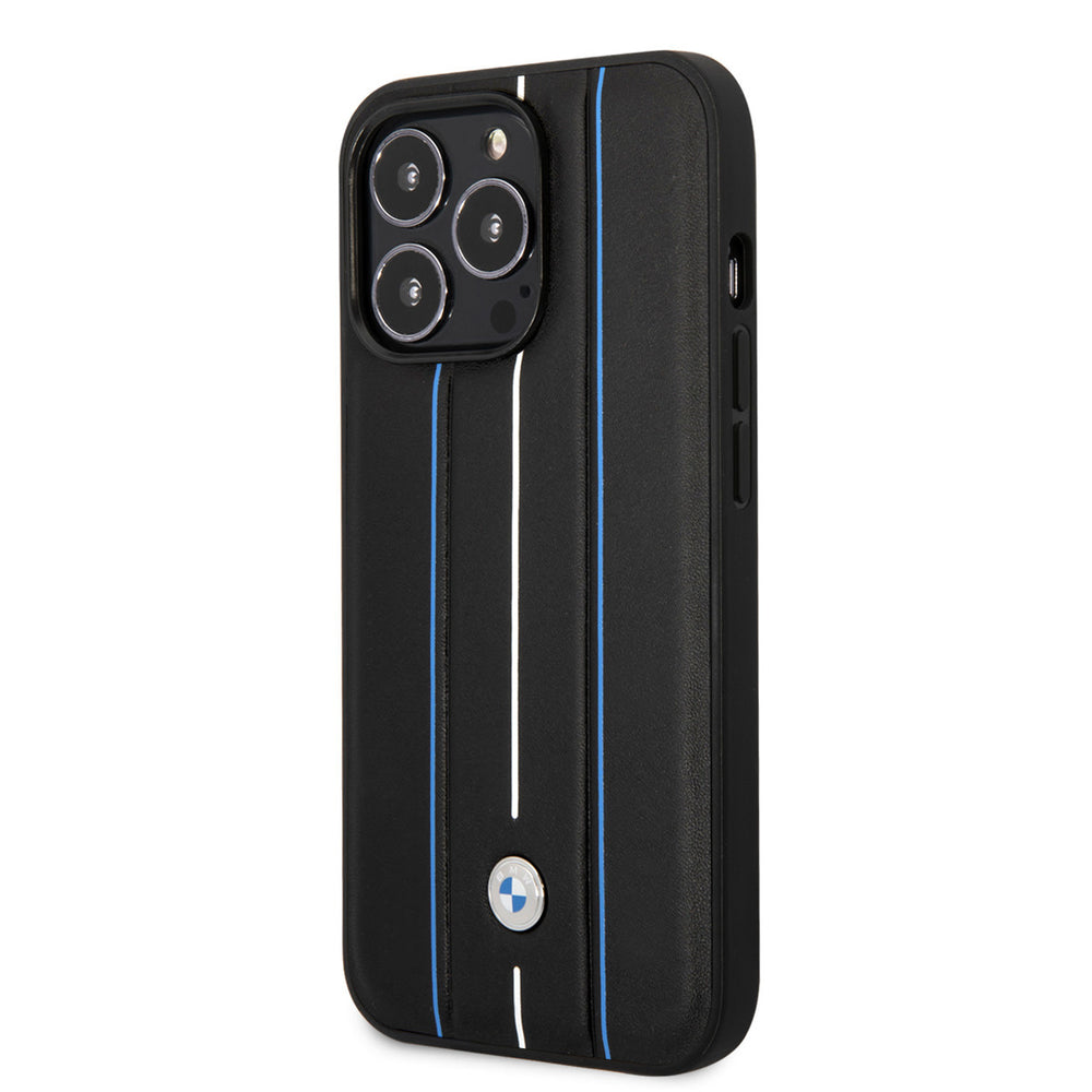 BMW iPhone 14 Pro Backcover hoesje - Leather Signature - Hot Stamp Lines Blue - Zwart-Hoesjes-Ilumina Benelux