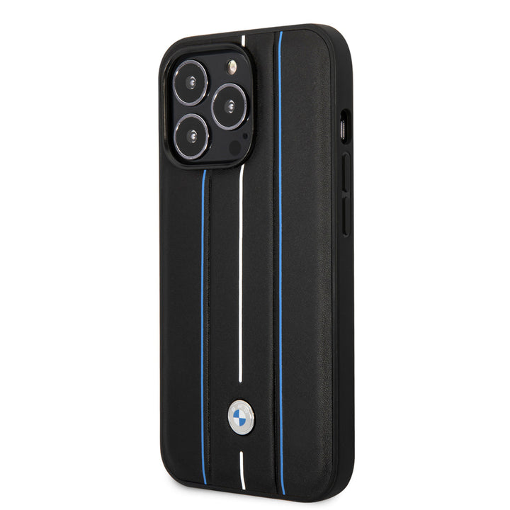 BMW iPhone 14 Pro Backcover hoesje - Leather Signature - Hot Stamp Lines Blue - Zwart-Hoesjes-Ilumina Benelux