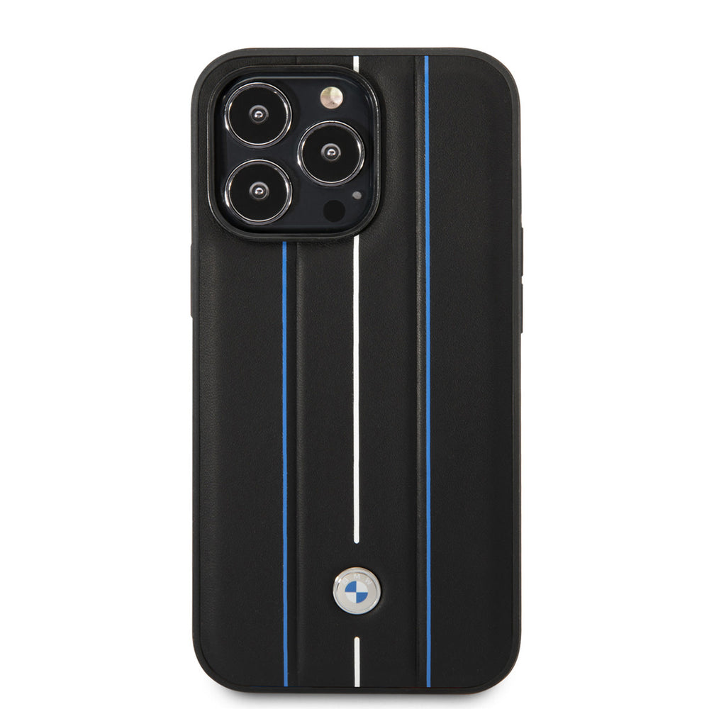 BMW iPhone 14 Pro Backcover hoesje - Leather Signature - Hot Stamp Lines Blue - Zwart-Hoesjes-Ilumina Benelux
