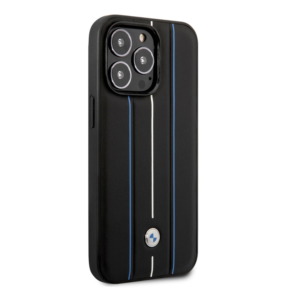 BMW iPhone 14 Pro Backcover hoesje - Leather Signature - Hot Stamp Lines Blue - Zwart-Hoesjes-Ilumina Benelux