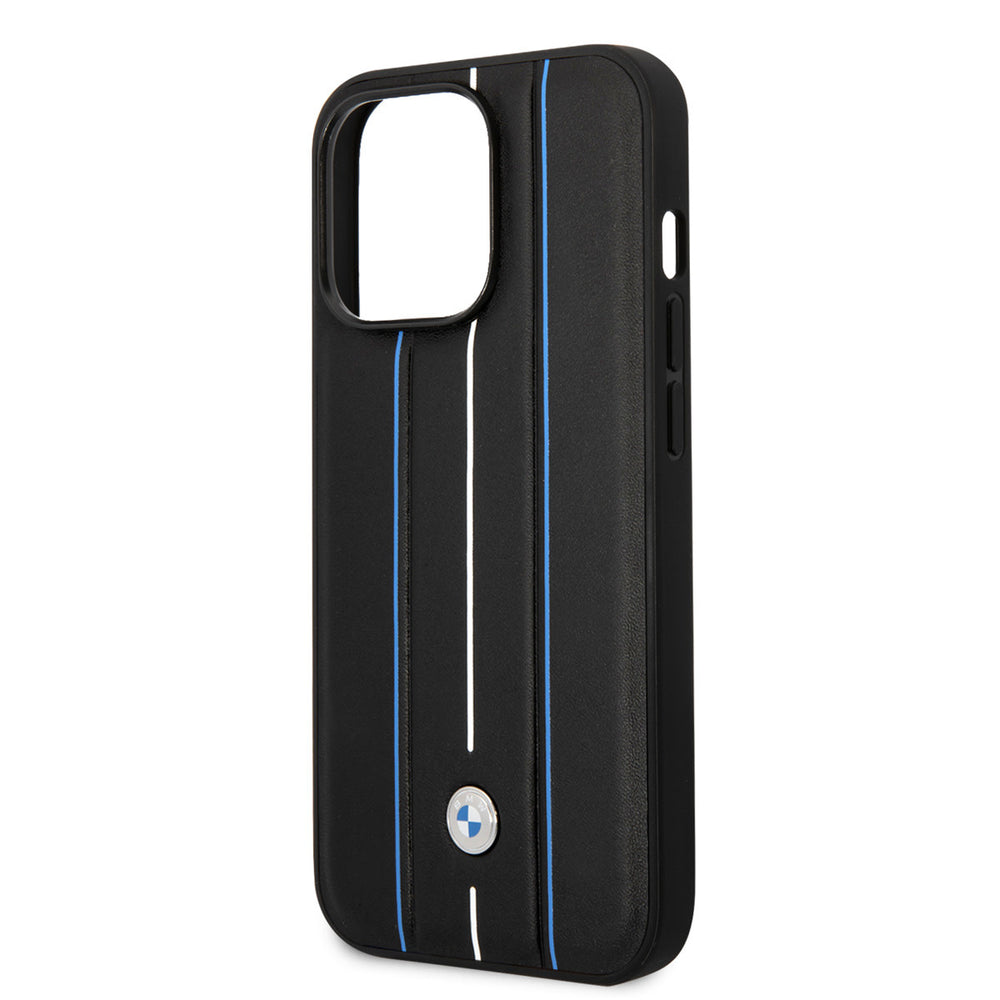 BMW iPhone 14 Pro Backcover hoesje - Leather Signature - Hot Stamp Lines Blue - Zwart-Hoesjes-Ilumina Benelux