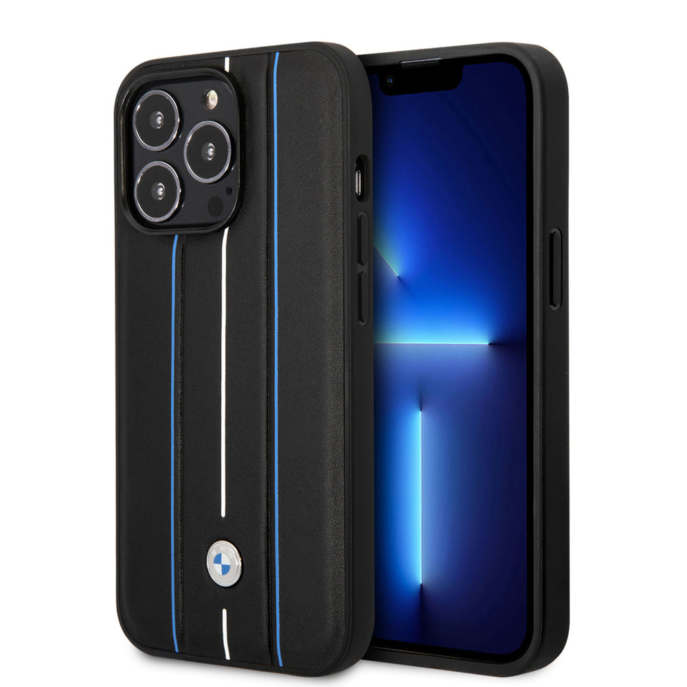 BMW iPhone 14 Pro Backcover hoesje - Leather Signature - Hot Stamp Lines Blue - Zwart-Hoesjes-Ilumina Benelux