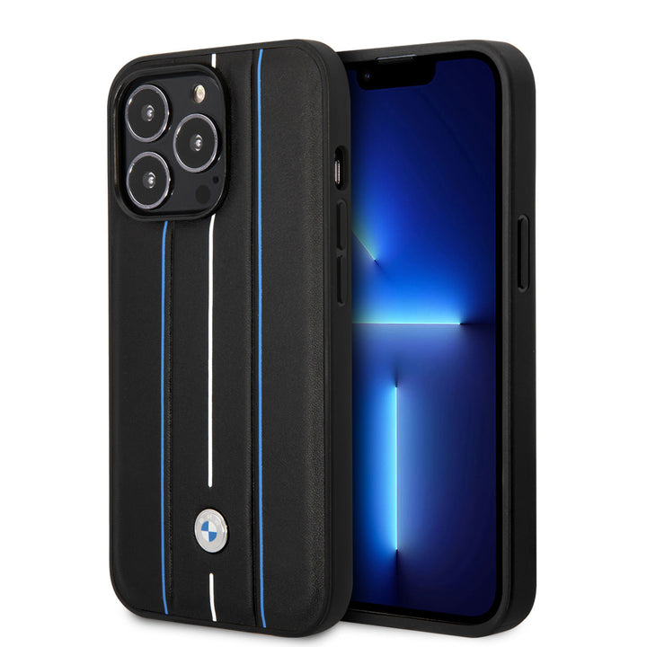 BMW iPhone 14 Pro Backcover hoesje - Leather Signature - Hot Stamp Lines Blue - Zwart-Hoesjes-Ilumina Benelux