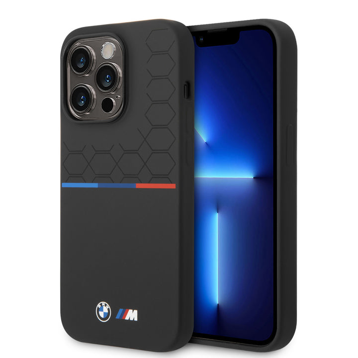 BMW iPhone 14 Pro Backcover hoesje - Silicone - Varnish Pattern - Tricolor Line - Zwart-Hoesjes-Ilumina Benelux