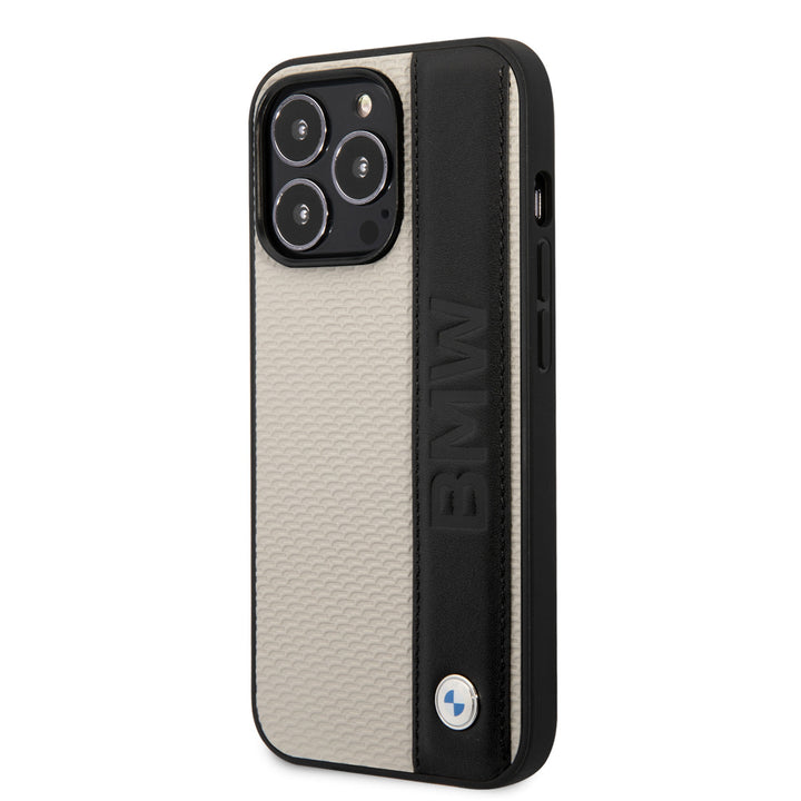 BMW iPhone 14 Pro Hardcase Backcover - Textured & Logo Stripe - Beige-Hoesjes-Ilumina Benelux