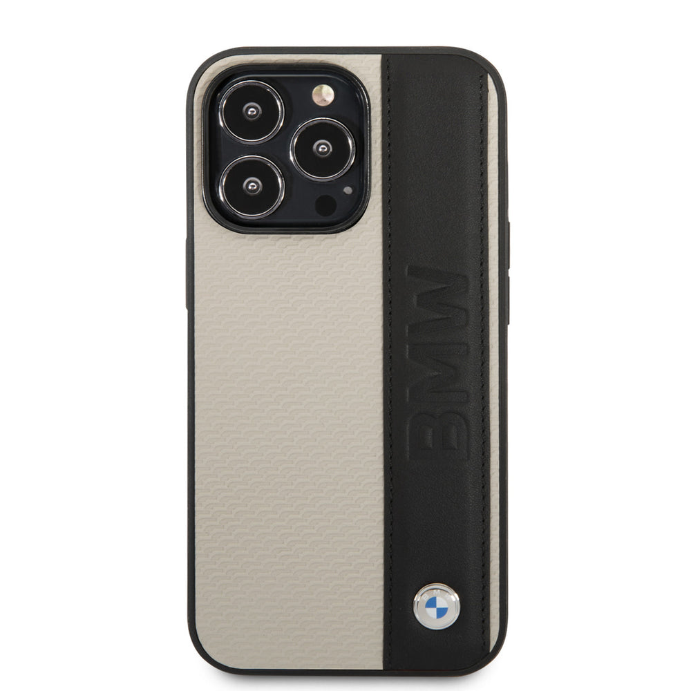 BMW iPhone 14 Pro Hardcase Backcover - Textured & Logo Stripe - Beige-Hoesjes-Ilumina Benelux