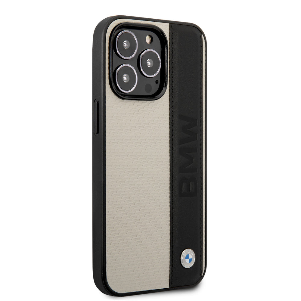 BMW iPhone 14 Pro Hardcase Backcover - Textured & Logo Stripe - Beige-Hoesjes-Ilumina Benelux