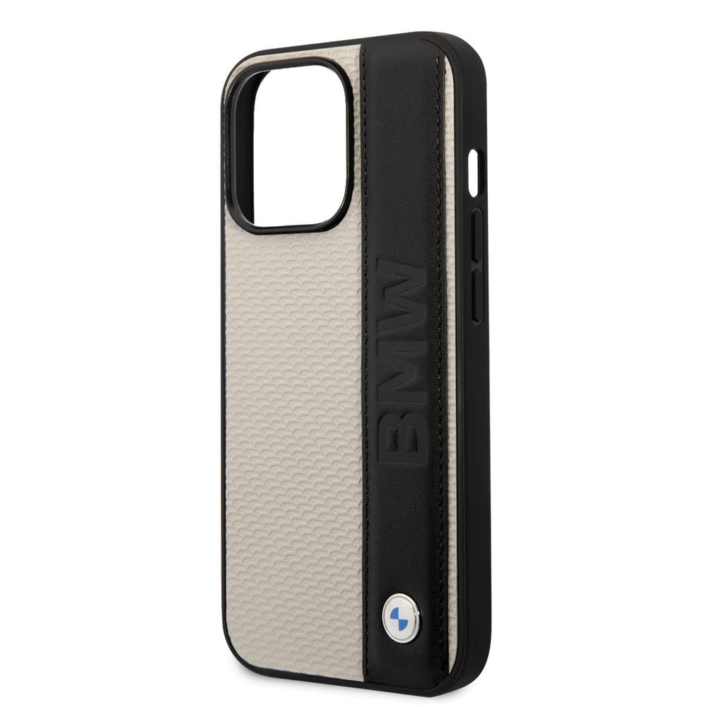 BMW iPhone 14 Pro Hardcase Backcover - Textured & Logo Stripe - Beige-Hoesjes-Ilumina Benelux