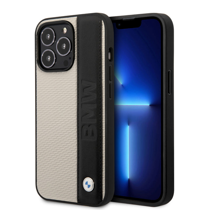 BMW iPhone 14 Pro Hardcase Backcover - Textured & Logo Stripe - Beige-Hoesjes-Ilumina Benelux