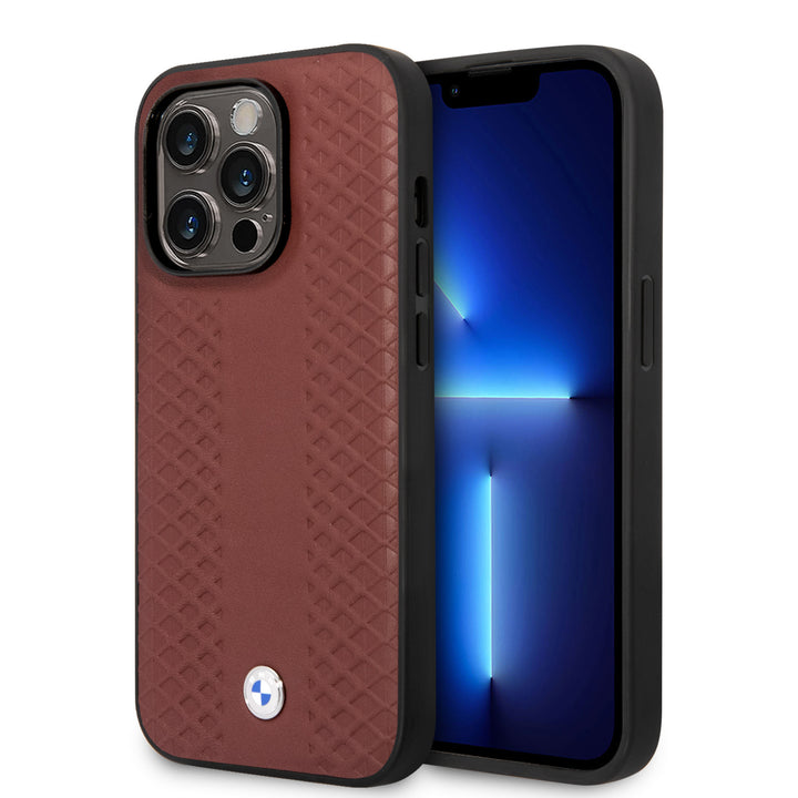 BMW iPhone 14 Pro Max Back Cover hoesje - Red Leather Signature - Burgundy-Hoesjes-Ilumina Benelux