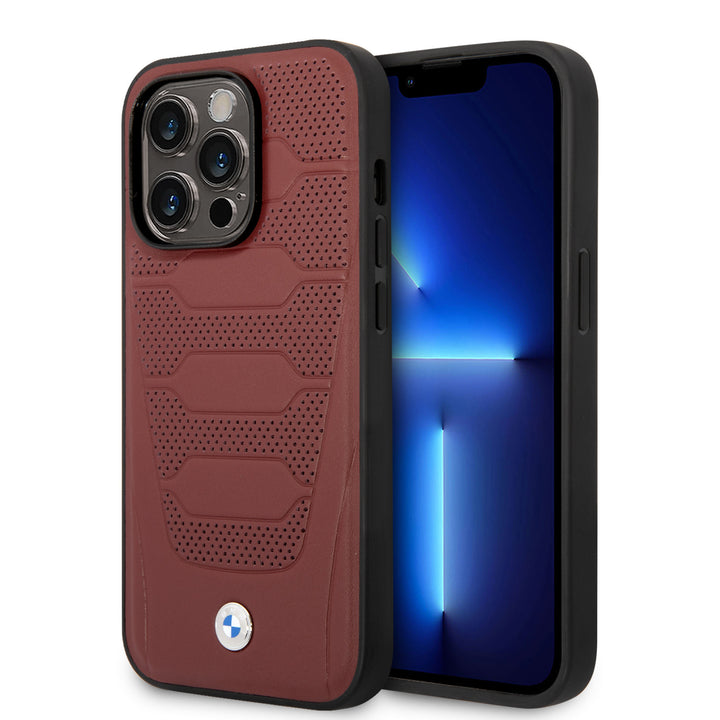 BMW iPhone 14 Pro Max Back Cover hoesje - Red Leather Signature - Rood-Hoesjes-Ilumina Benelux