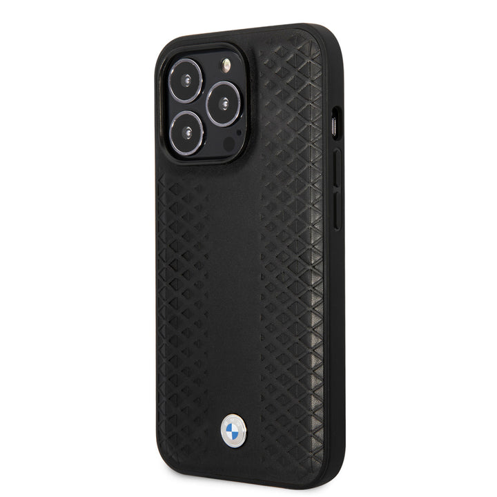 BMW iPhone 14 Pro Max Backcover hoesje - Leather Signature - Diamond Pattern - Zwart-Hoesjes-Ilumina Benelux