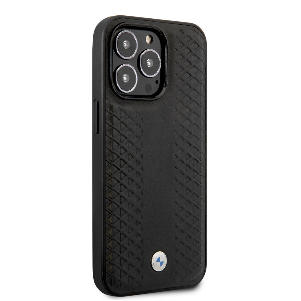 BMW iPhone 14 Pro Max Backcover hoesje - Leather Signature - Diamond Pattern - Zwart-Hoesjes-Ilumina Benelux