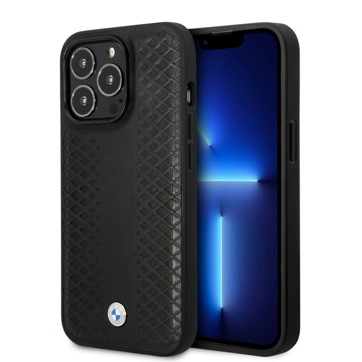 BMW iPhone 14 Pro Max Backcover hoesje - Red Leather Signature - Diamond Hot Stamp Pattern - Zwart-Hoesjes-Ilumina Benelux
