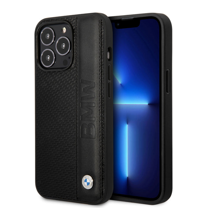 BMW iPhone 14 Pro Max Hardcase Backcover - Textured & Logo Stripe - Zwart-Hoesjes-Ilumina Benelux