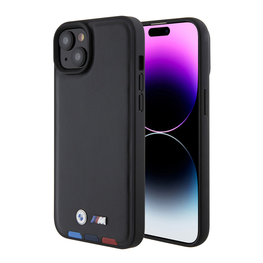 BMW iPhone 15 & 14 Plus Genuine Leather Back cover hoesje - Tricolor Stamp - Zwart-Hoesjes-Ilumina Benelux