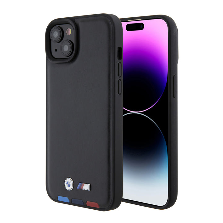 BMW iPhone 15 & 14 Plus Genuine Leather Back cover hoesje - Tricolor Stamp - Zwart-Hoesjes-Ilumina Benelux