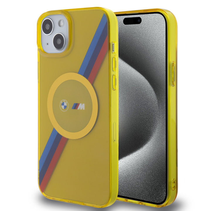 BMW iPhone 15 Plus & 14 Plus Backcover hoesje - Magsafe - M Tricolor Stripes - Geel-Hoesjes-Ilumina Benelux