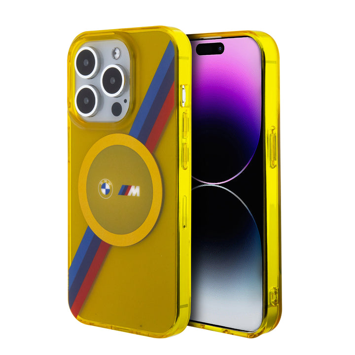 BMW iPhone 15 Pro Backcover hoesje - Magsafe - M Tricolor Stripes - Geel-Hoesjes-Ilumina Benelux