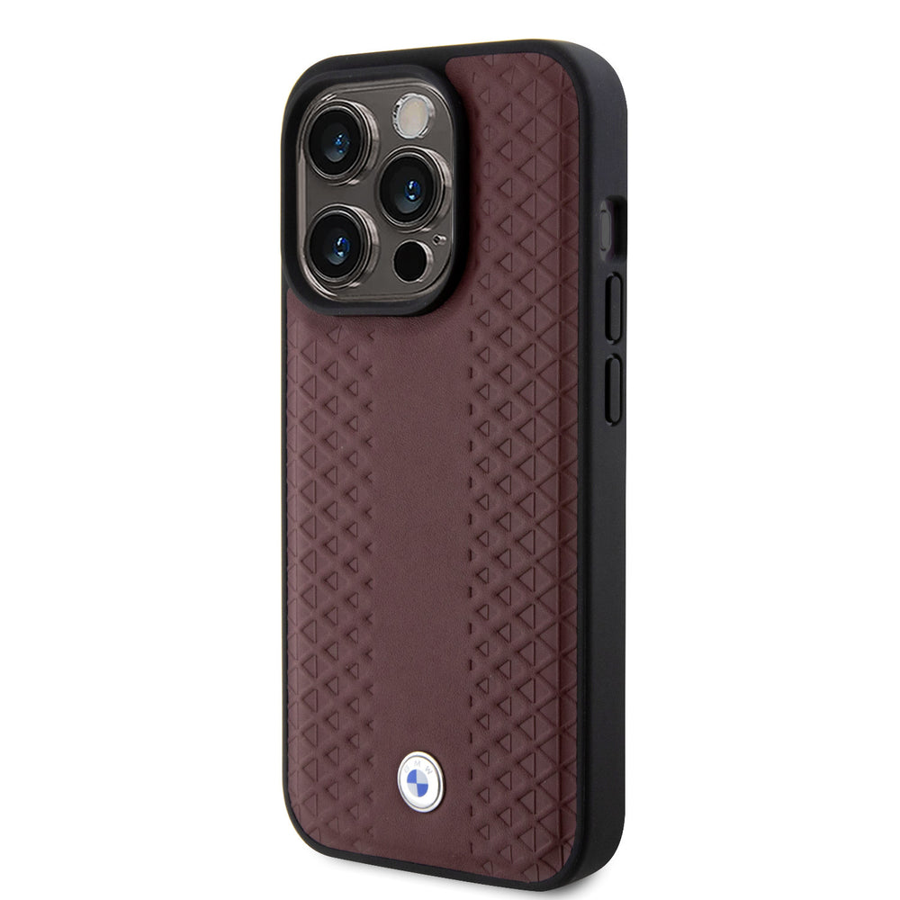 BMW iPhone 15 Pro Backcover hoesje - Red Leather Signature - Diamond Pattern - Burgundy-Hoesjes-Ilumina Benelux