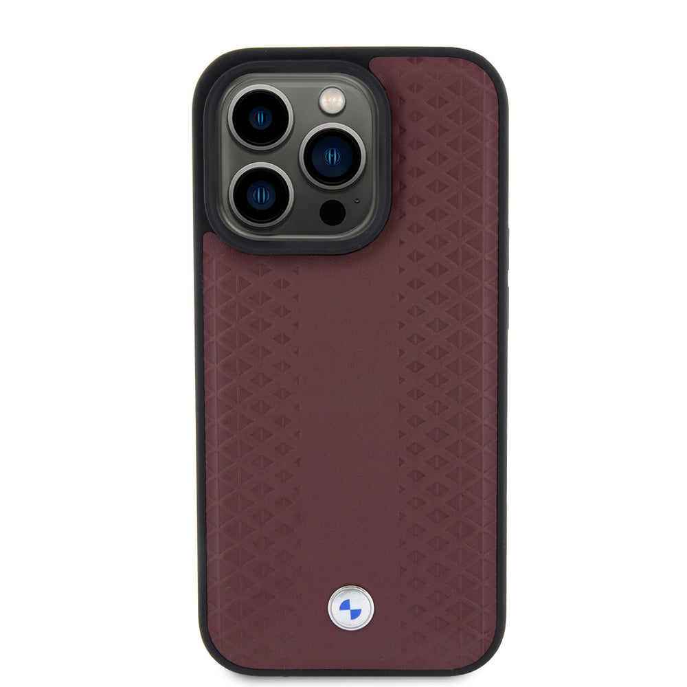 BMW iPhone 15 Pro Backcover hoesje - Red Leather Signature - Diamond Pattern - Burgundy-Hoesjes-Ilumina Benelux