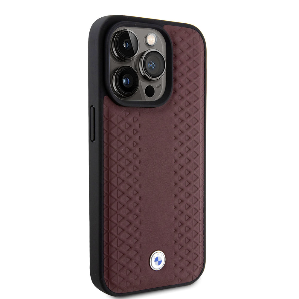 BMW iPhone 15 Pro Backcover hoesje - Red Leather Signature - Diamond Pattern - Burgundy-Hoesjes-Ilumina Benelux