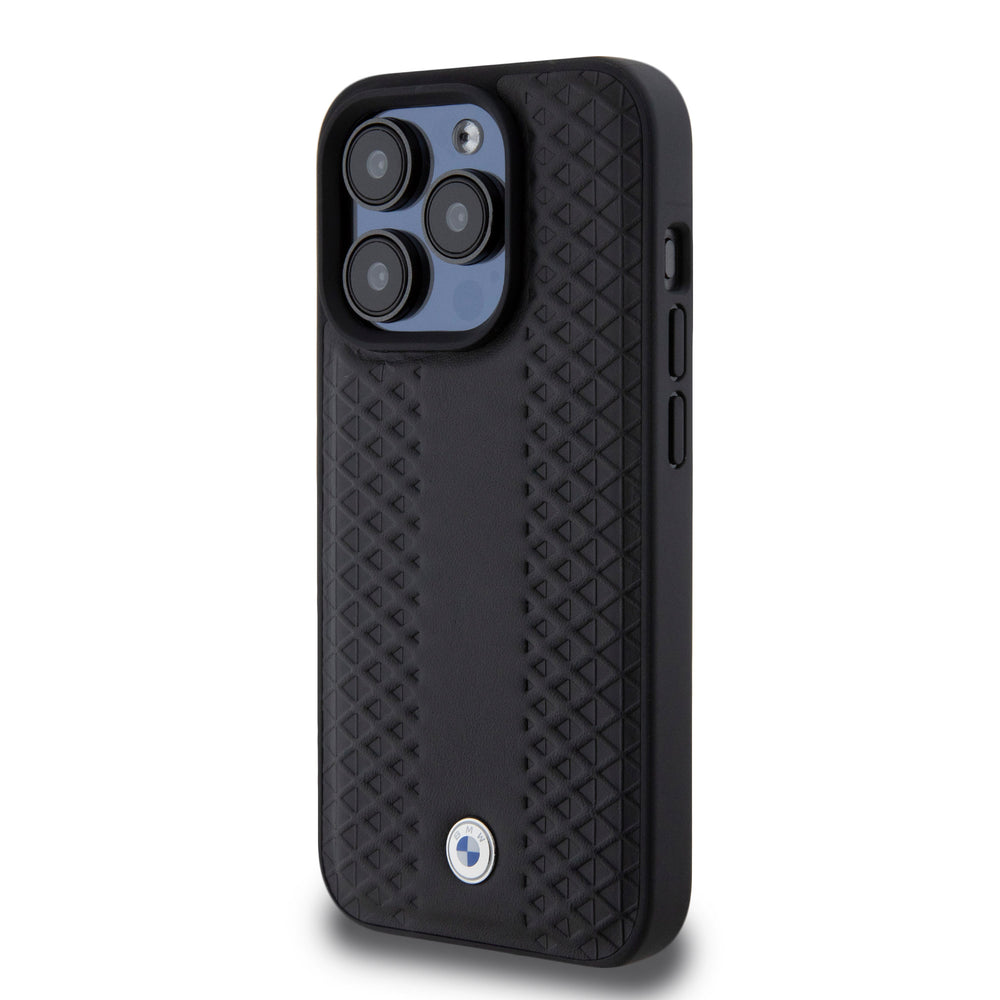 BMW iPhone 15 Pro Backcover hoesje - Red Leather Signature - Diamond Pattern - Zwart-Hoesjes-Ilumina Benelux