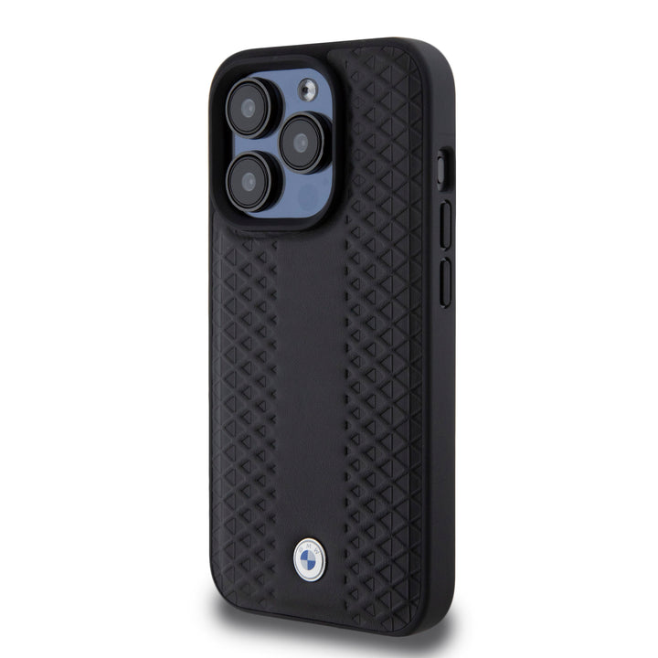 BMW iPhone 15 Pro Backcover hoesje - Red Leather Signature - Diamond Pattern - Zwart-Hoesjes-Ilumina Benelux