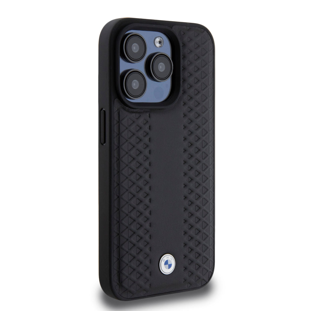 BMW iPhone 15 Pro Backcover hoesje - Red Leather Signature - Diamond Pattern - Zwart-Hoesjes-Ilumina Benelux