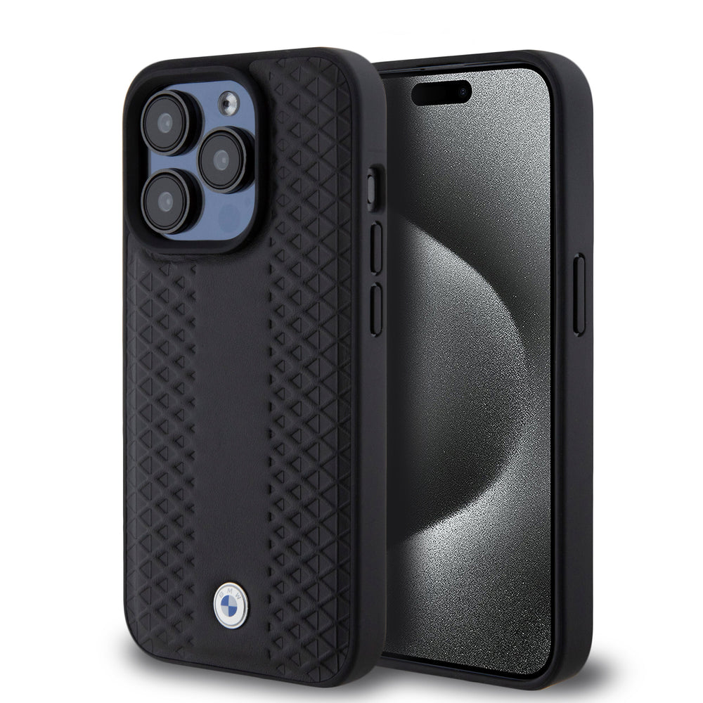 BMW iPhone 15 Pro Backcover hoesje - Red Leather Signature - Diamond Pattern - Zwart-Hoesjes-Ilumina Benelux