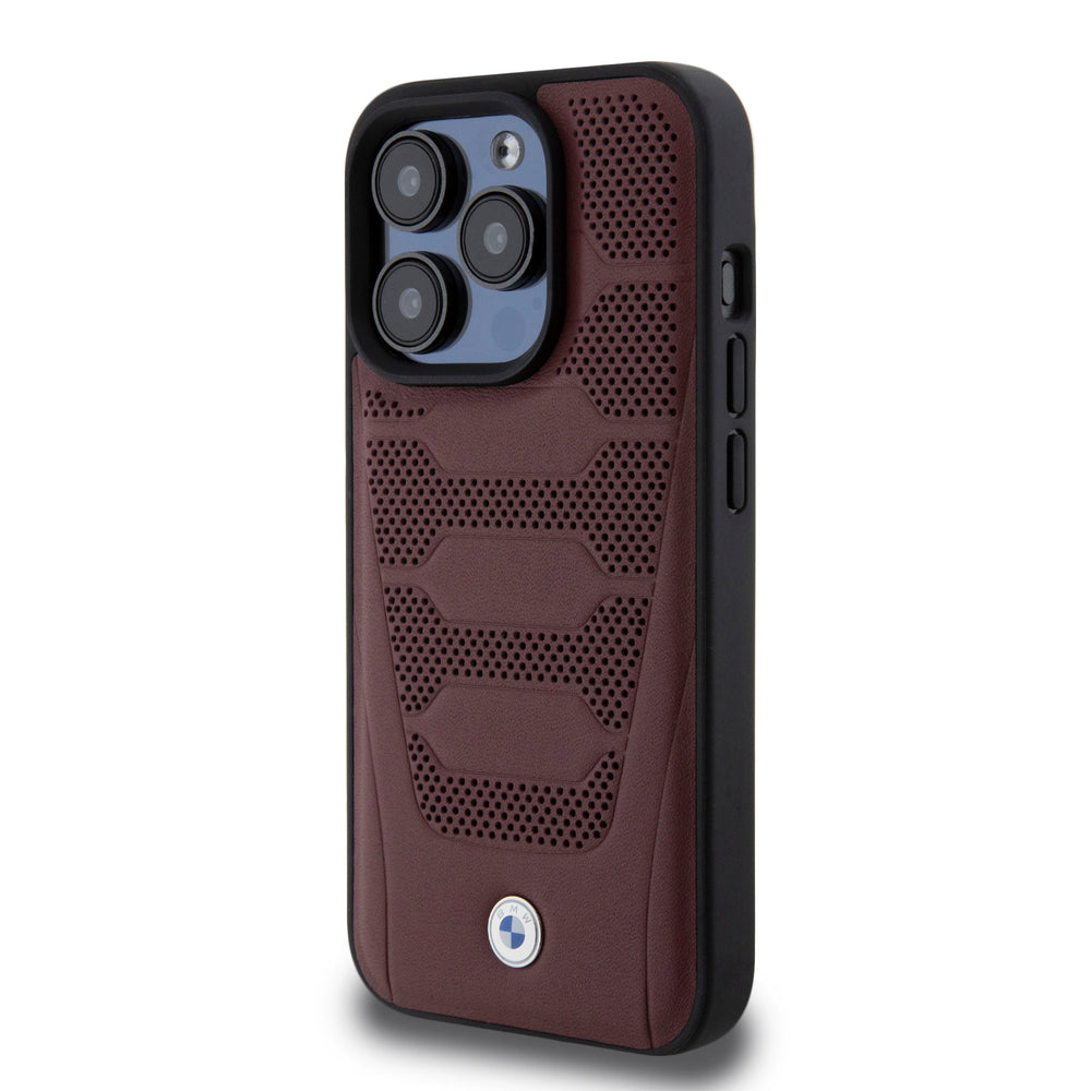 BMW iPhone 15 Pro Backcover hoesje - Red Leather Signature - Perforated Seats Design - Burgundy-Hoesjes-Ilumina Benelux