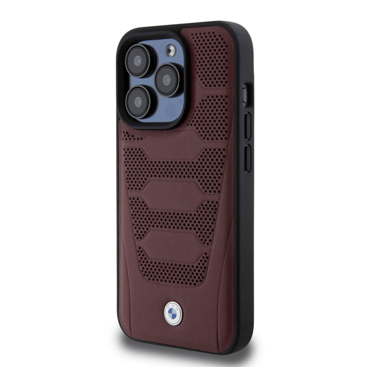 BMW iPhone 15 Pro Backcover hoesje - Red Leather Signature - Perforated Seats Design - Burgundy-Hoesjes-Ilumina Benelux