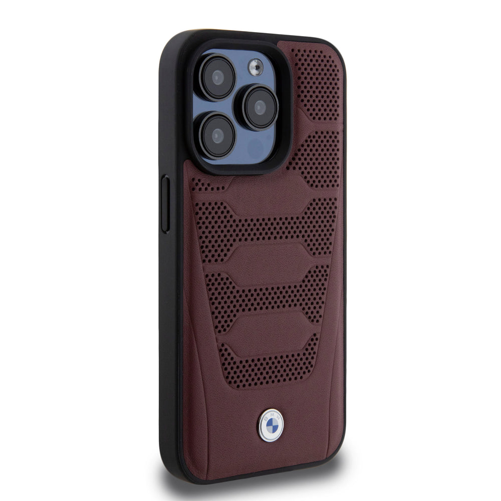 BMW iPhone 15 Pro Backcover hoesje - Red Leather Signature - Perforated Seats Design - Burgundy-Hoesjes-Ilumina Benelux