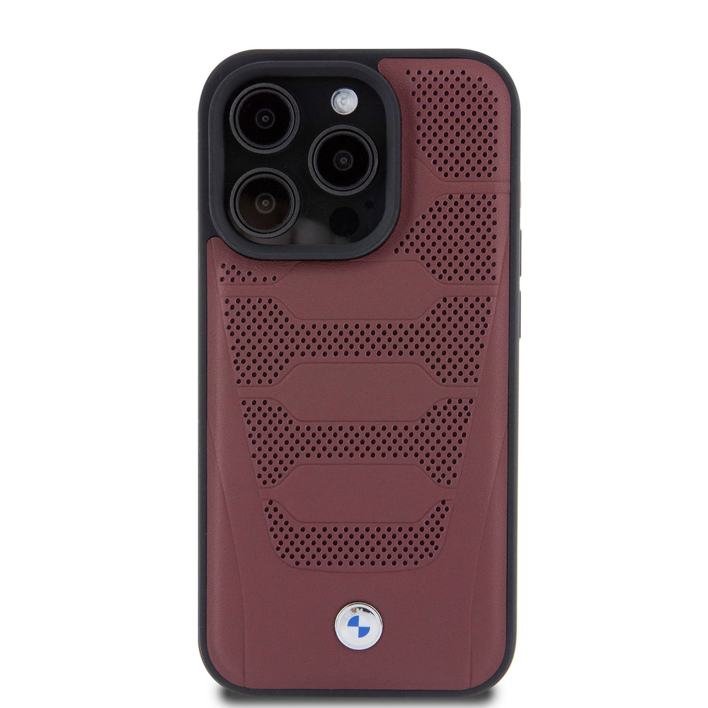 BMW iPhone 15 Pro Backcover hoesje - Red Leather Signature - Perforated Seats Design - Burgundy-Hoesjes-Ilumina Benelux