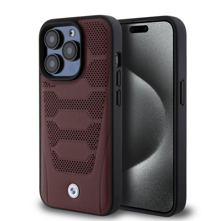 BMW iPhone 15 Pro Backcover hoesje - Red Leather Signature - Perforated Seats Design - Burgundy-Hoesjes-Ilumina Benelux