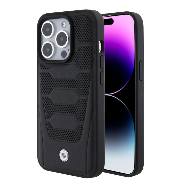 BMW iPhone 15 Pro Backcover hoesje - Red Leather Signature - Perforated Seats Design - Zwart-Hoesjes-Ilumina Benelux