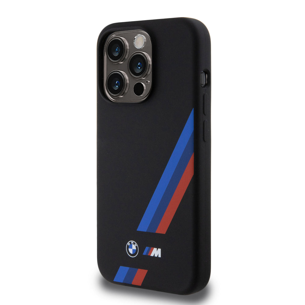 BMW iPhone 15 Pro Backcover hoesje - Slanted Tricolor Stripes - Zwart-Hoesjes-Ilumina Benelux