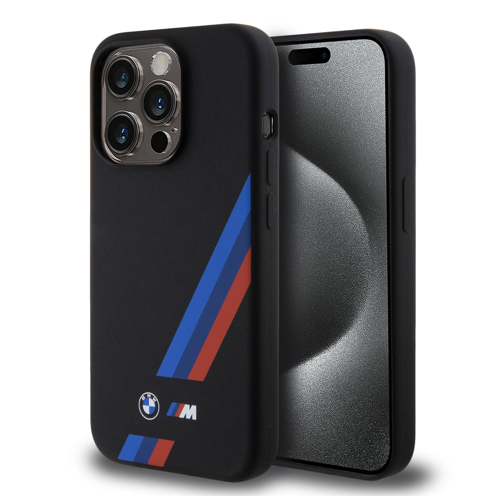 BMW iPhone 15 Pro Backcover hoesje - Slanted Tricolor Stripes - Zwart-Hoesjes-Ilumina Benelux