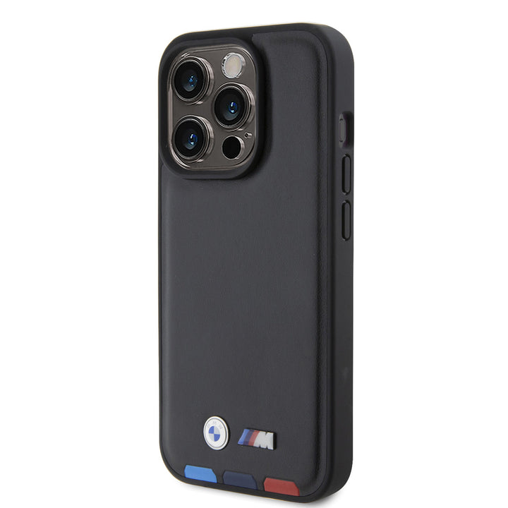 BMW iPhone 15 Pro Genuine Leather Back cover hoesje - Tricolor Stamp - Zwart-Hoesjes-Ilumina Benelux