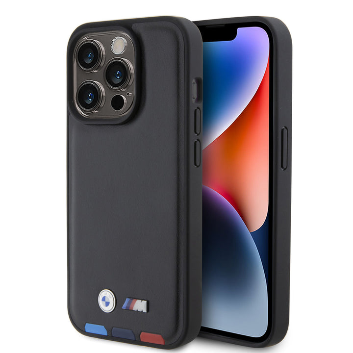 BMW iPhone 15 Pro Genuine Leather Back cover hoesje - Tricolor Stamp - Zwart-Hoesjes-Ilumina Benelux