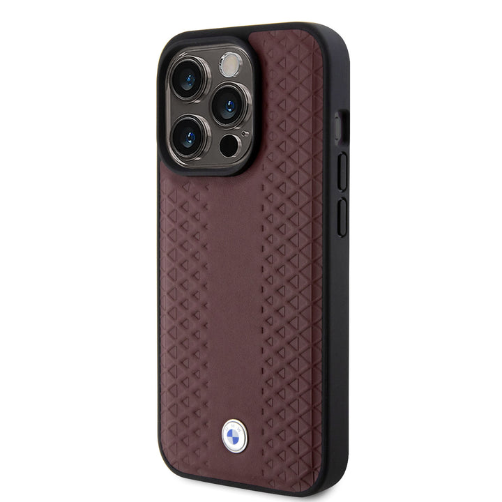 BMW iPhone 15 Pro Max Backcover hoesje - Red Leather Signature - Diamond Pattern - Burgundy-Hoesjes-Ilumina Benelux