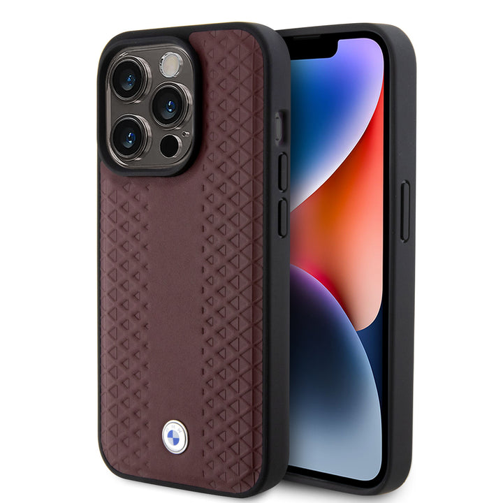 BMW iPhone 15 Pro Max Backcover hoesje - Red Leather Signature - Diamond Pattern - Burgundy-Hoesjes-Ilumina Benelux