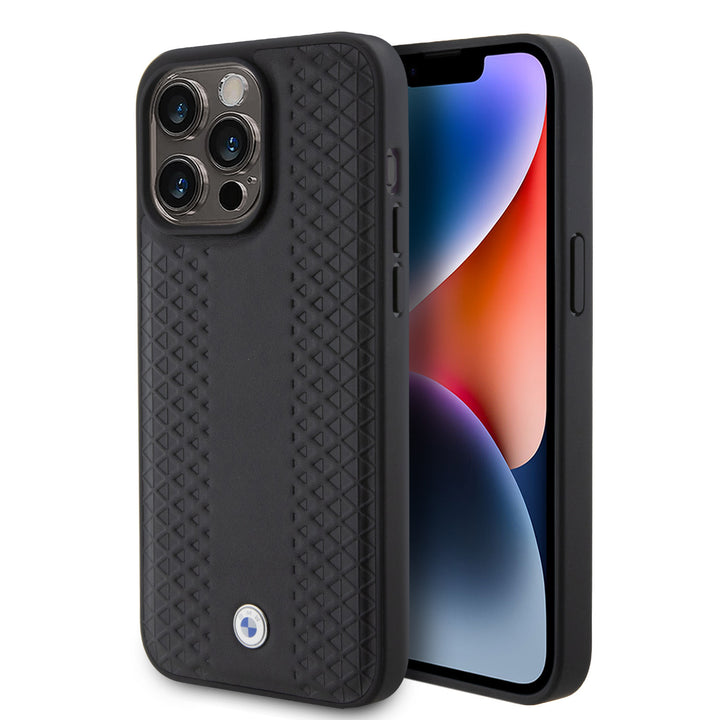 BMW iPhone 15 Pro Max Backcover hoesje - Red Leather Signature - Diamond Pattern - Zwart-Hoesjes-Ilumina Benelux