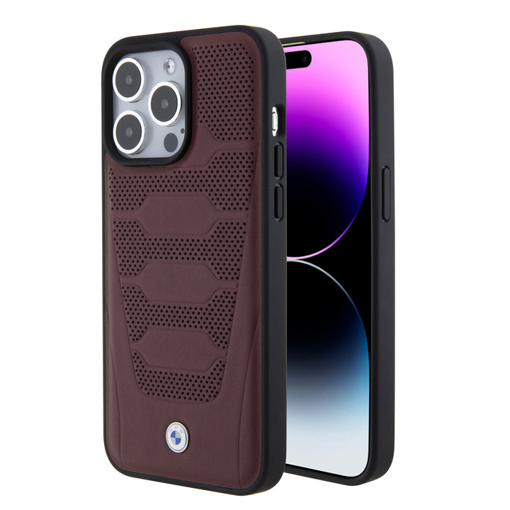 BMW iPhone 15 Pro Max Backcover hoesje - Red Leather Signature - Perforated Seats Design - Burgundy-Hoesjes-Ilumina Benelux